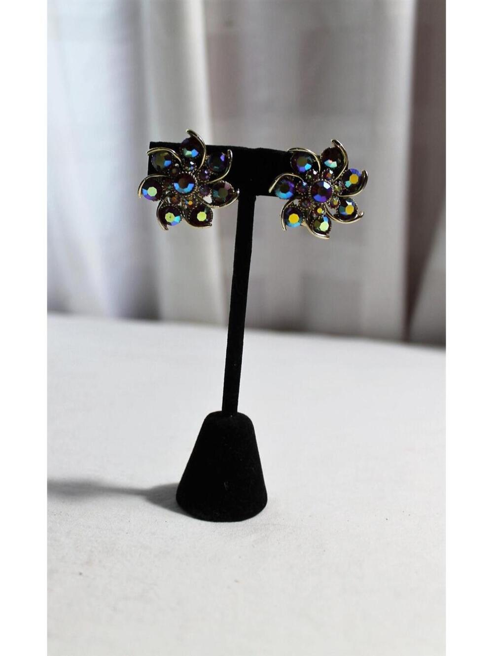 Spectacular Vintage Aurora Borealis Flower Clip On Earrings